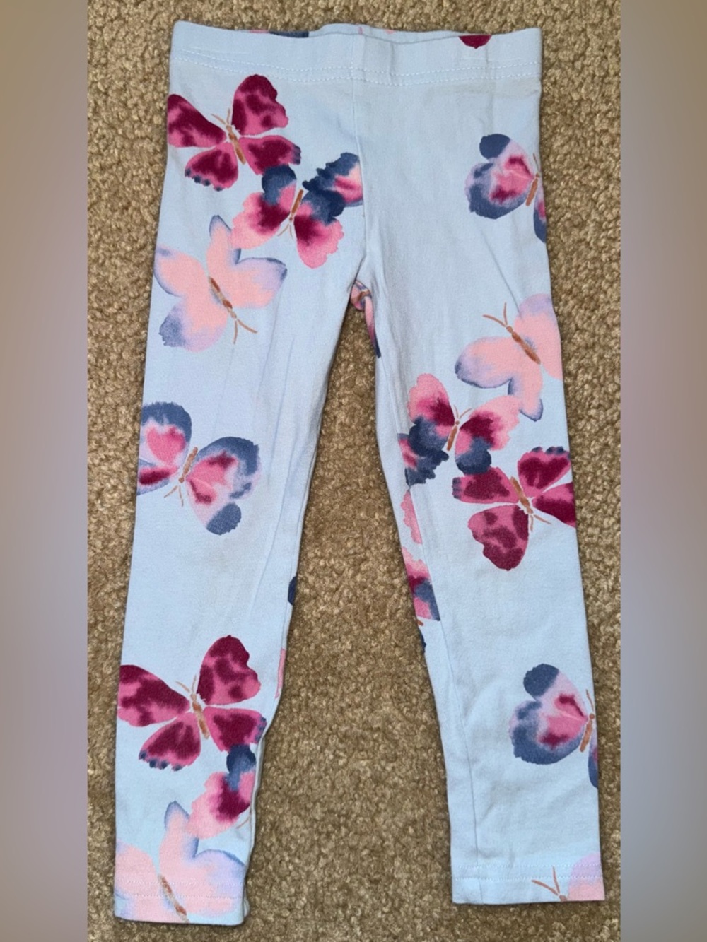 Girls Light Blue Butterfly Print Leggings - Pink & Navy Accents